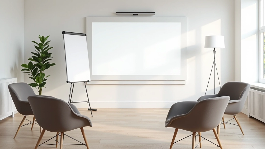 Schoon kantoorruimte ingericht met flipchart, witte borden en comfortabele stoelen in een kring