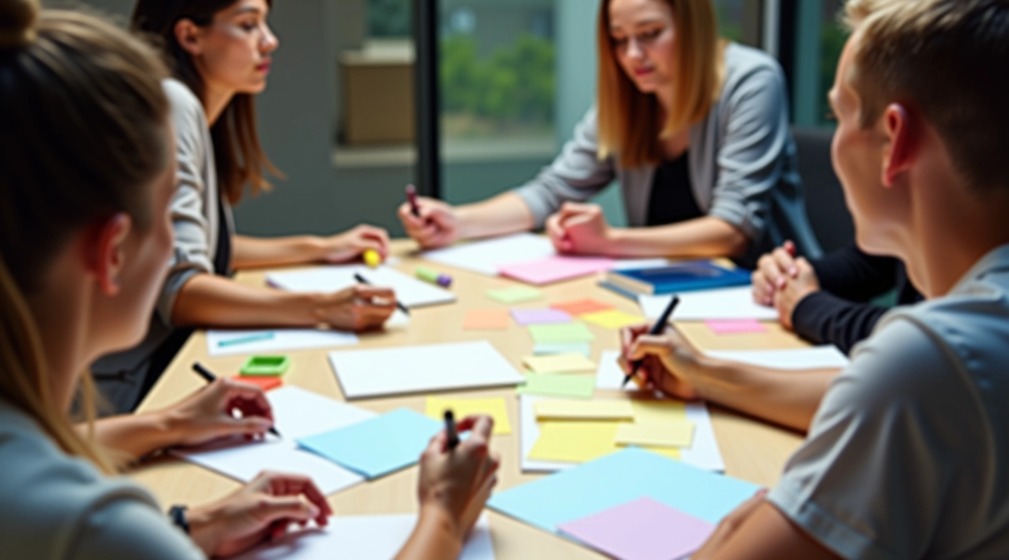 Diverse teamleden zitten rond een tafel met notities en kleurrijke stickers, brainstormingsessie in gang