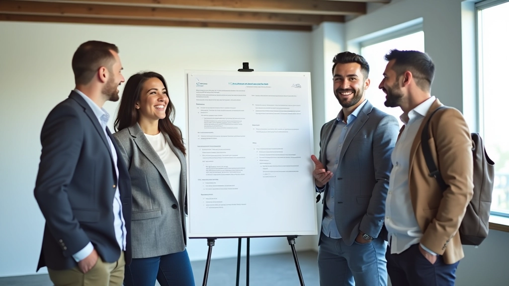 Groep collega's staat bij flipchart met resultaten van een workshop, gelukkig uitziend team