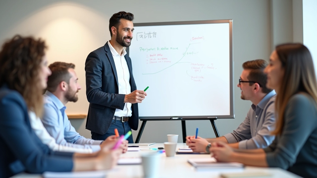 Facilitator schrijft ideeën op flip-chart terwijl teamleden enthousiast discussiëren, kleurrijke markers en positieve energie