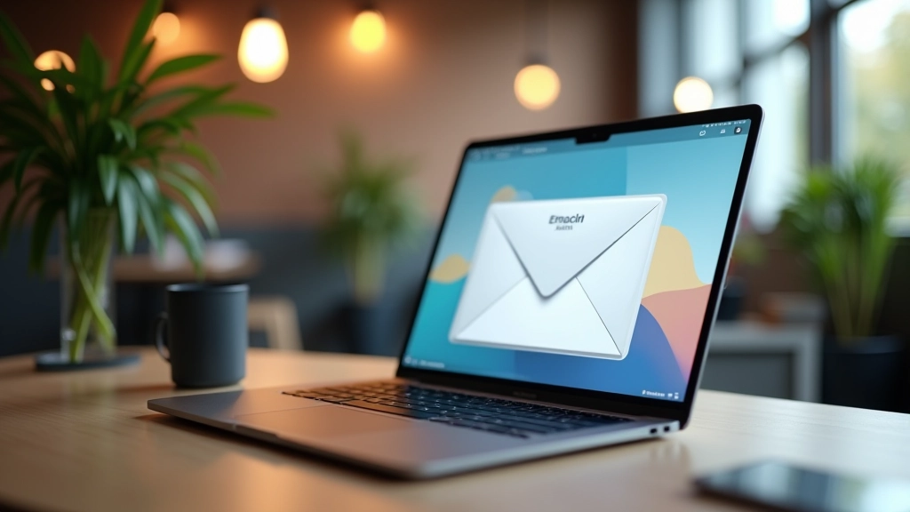 Laptop scherm met email bericht en kalender, moderne werkplek met plant op achtergrond