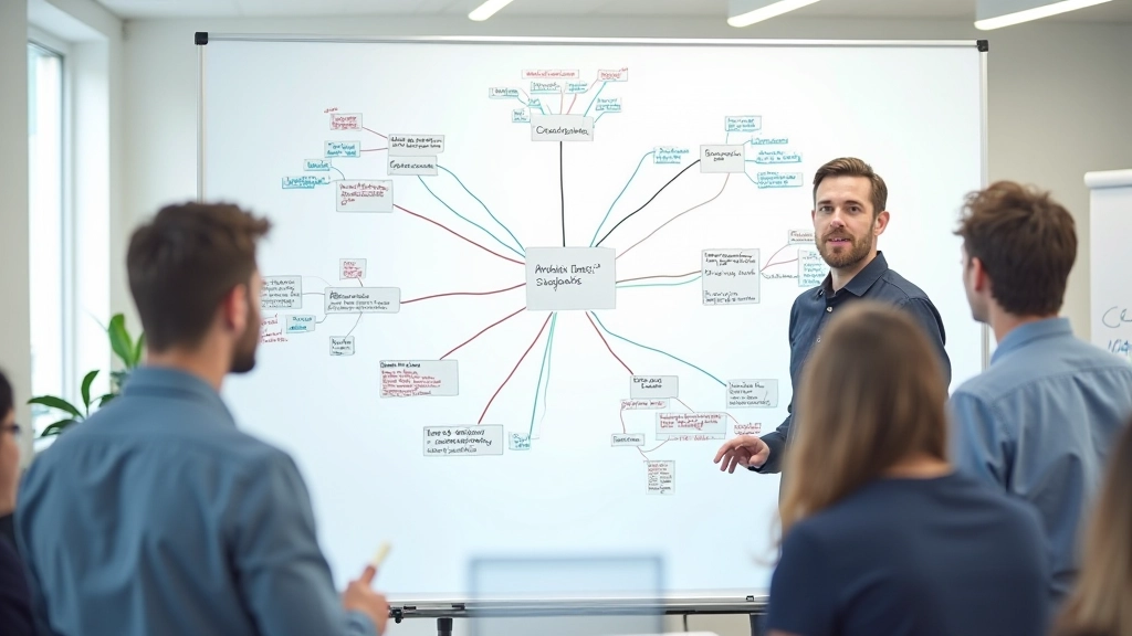 Whiteboard vol met mindmap verbindingen en pijlen, complexe probleemstructuur zichtbaar gemaakt