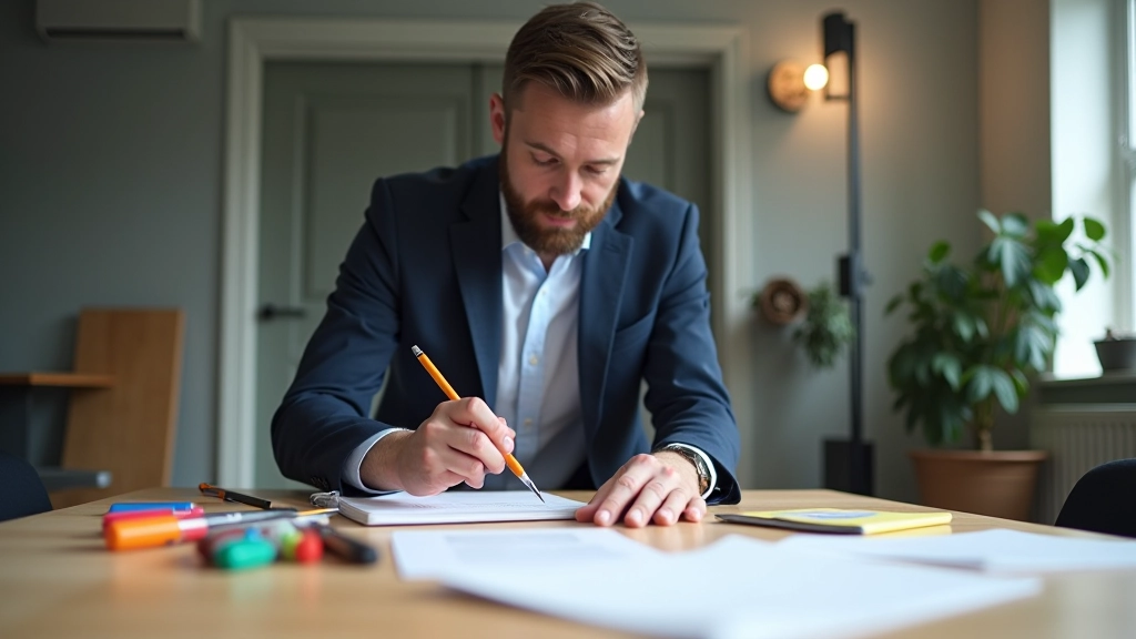 Trainer bereidt materialen voor workshop voor, notitieblokken en kleurrijke markers op houten tafel