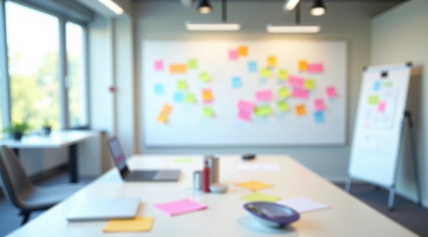 Modern trainingsruimte met whiteboard en kleurrijke notities, creatieve brainstormingssessie