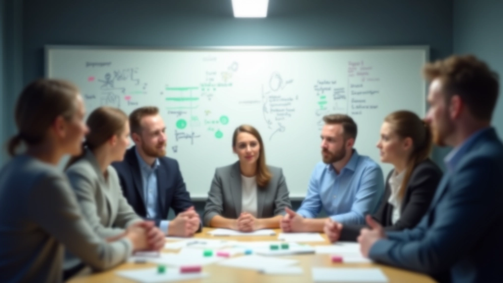 Vergaderruimte met whiteboard vol ongeorganiseerde notities en frustratie uitdrukkingen op gezichten