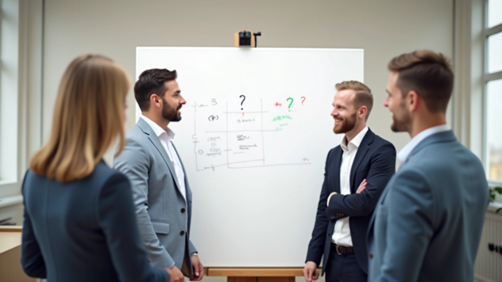 Groep van professionals in discussie rond whiteboard met vragen geschreven