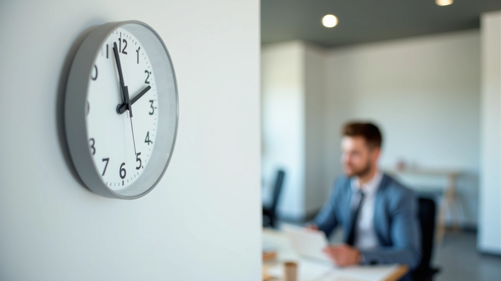 Horloge op tafel met teamleden die geconcentreerd werken, minimalistisch kantoor met tijdsbewustzijn