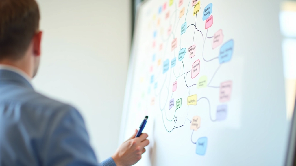 Whiteboard vol met mindmap schema's, pijlen en verbindingen tussen ideeën, projectplan zichtbaar